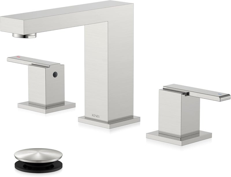 KENES Brushed Nickel Widespread Bathroom Faucet 2 Handle Bathroom Sink Faucet 3 Hole, 8-Inch 3 Pieces Vanity Faucet with Pop Up Drain & Supply Lines, KE-9050-P - Image 1